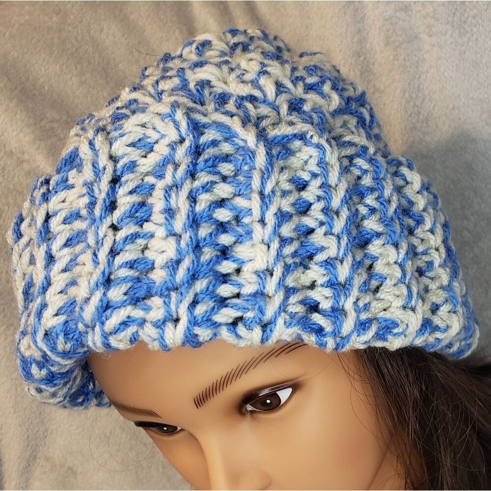 Crochet Beanie Hat, Ribbed, Chunky, New, Handmade, Unisex, Blue and off white